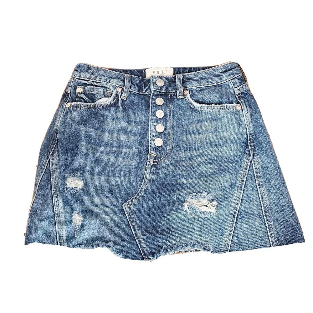 We The Free People Skirt Womens 26 Blue Denim Jean Button Fly Raw Hem Distressed